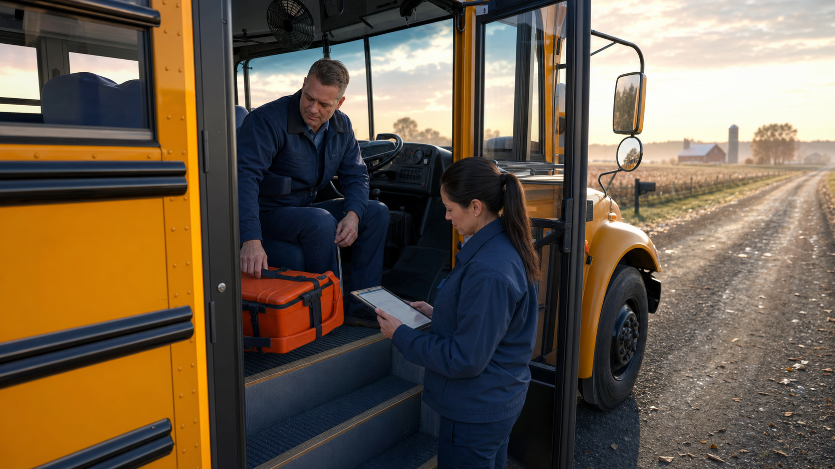 A rural school bus team inspects an accessible mobile emergency kit before the route.