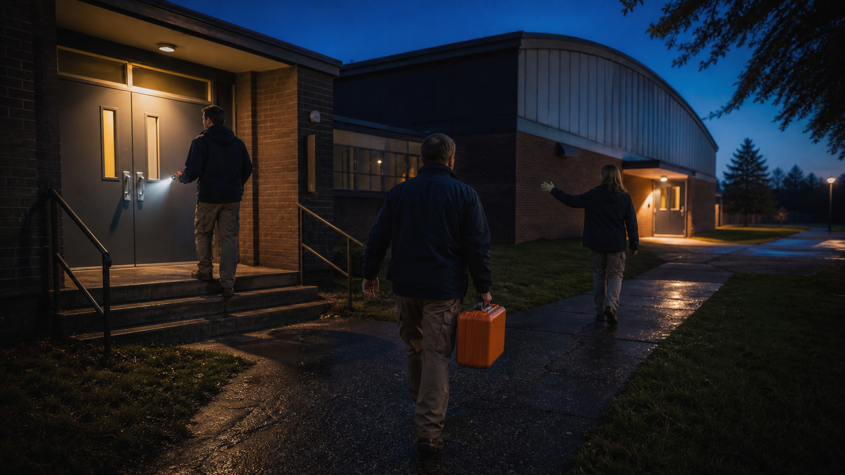 School staff test locked entrances and an alternate after-hours route to the gym at dusk.