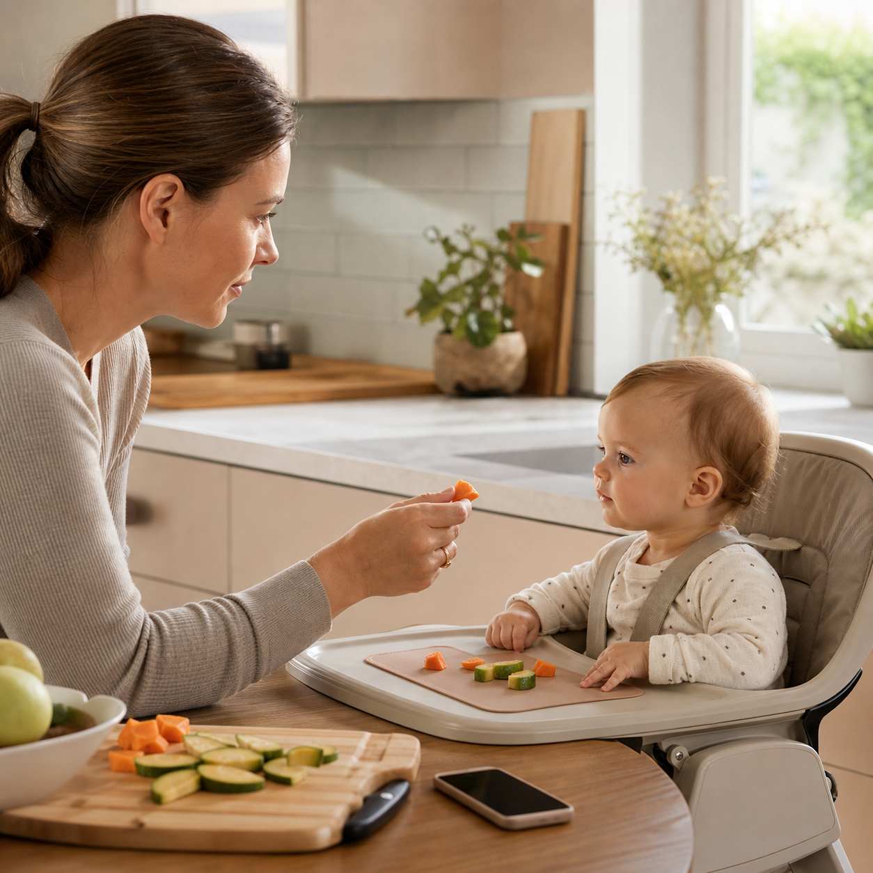 A caregiver closely supervises a baby seated upright during the first bites in a calm home kitchen.