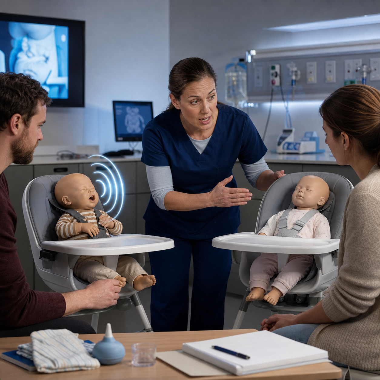 A pediatric nurse teaches caregivers to distinguish noisy gagging from a silent severe choking warning using artificial training mannequins.
