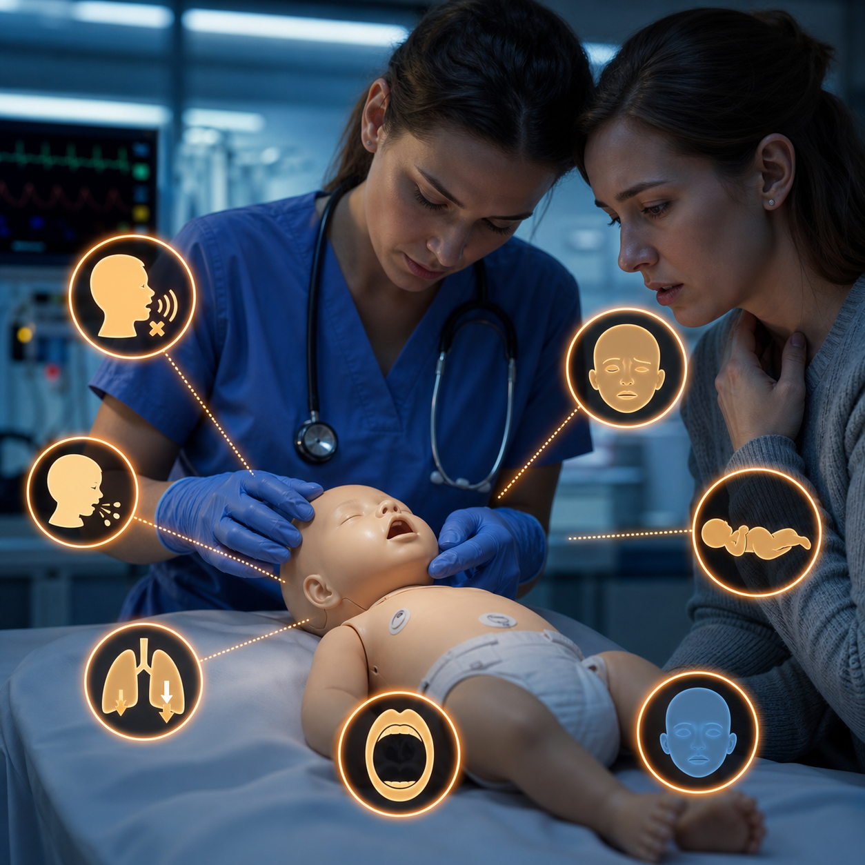 Cinematic 3D medical education scene showing seven quiet warning signs of baby choking