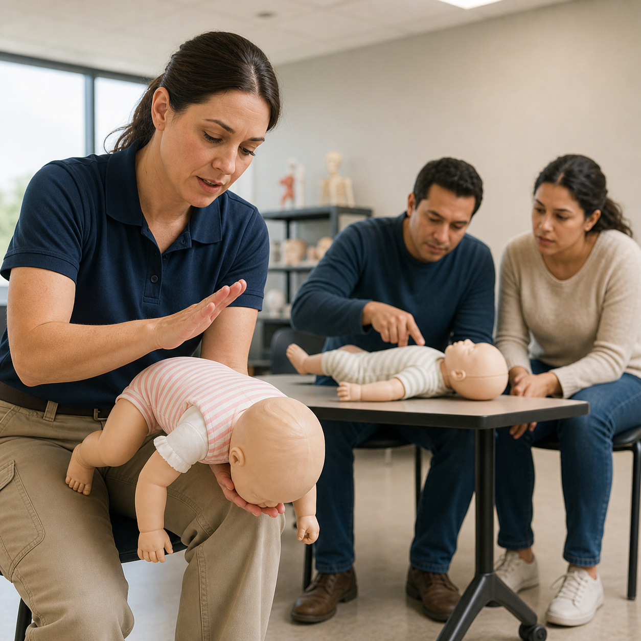 A pediatric instructor demonstrates back blows and chest thrusts on a clearly artificial infant training mannequin.