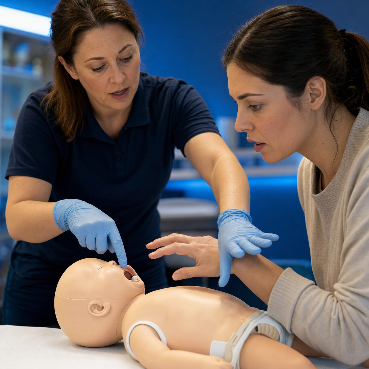 A caregiver learns visible-object removal while avoiding a blind finger sweep on an artificial infant training mannequin.