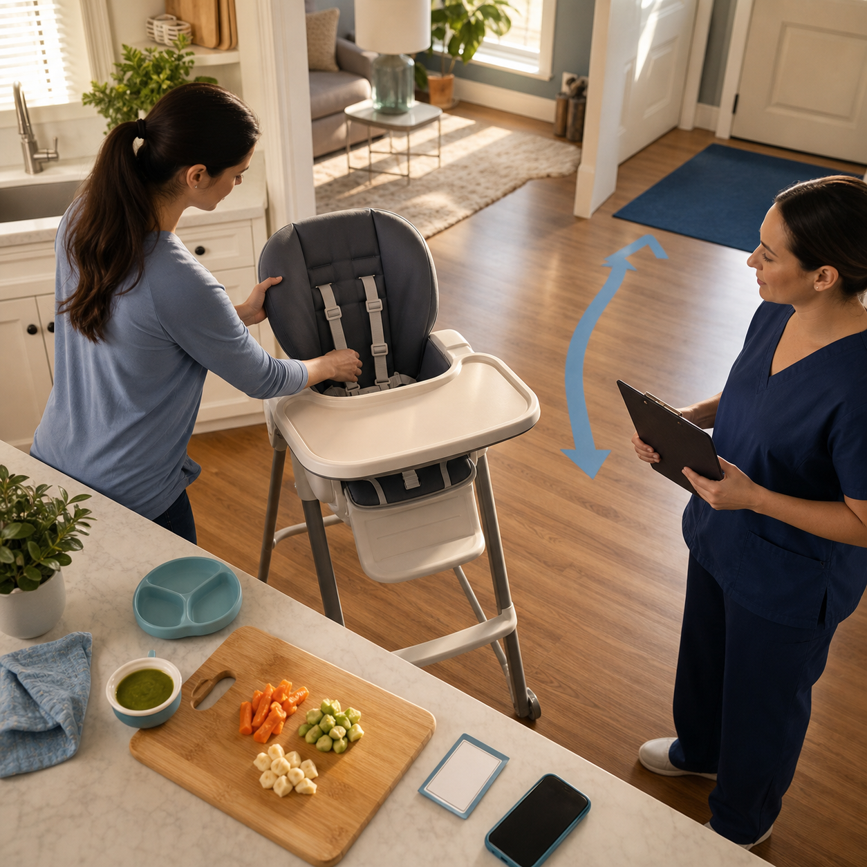 A caregiver audits high-chair posture, food preparation, phone access, and emergency readiness before feeding.