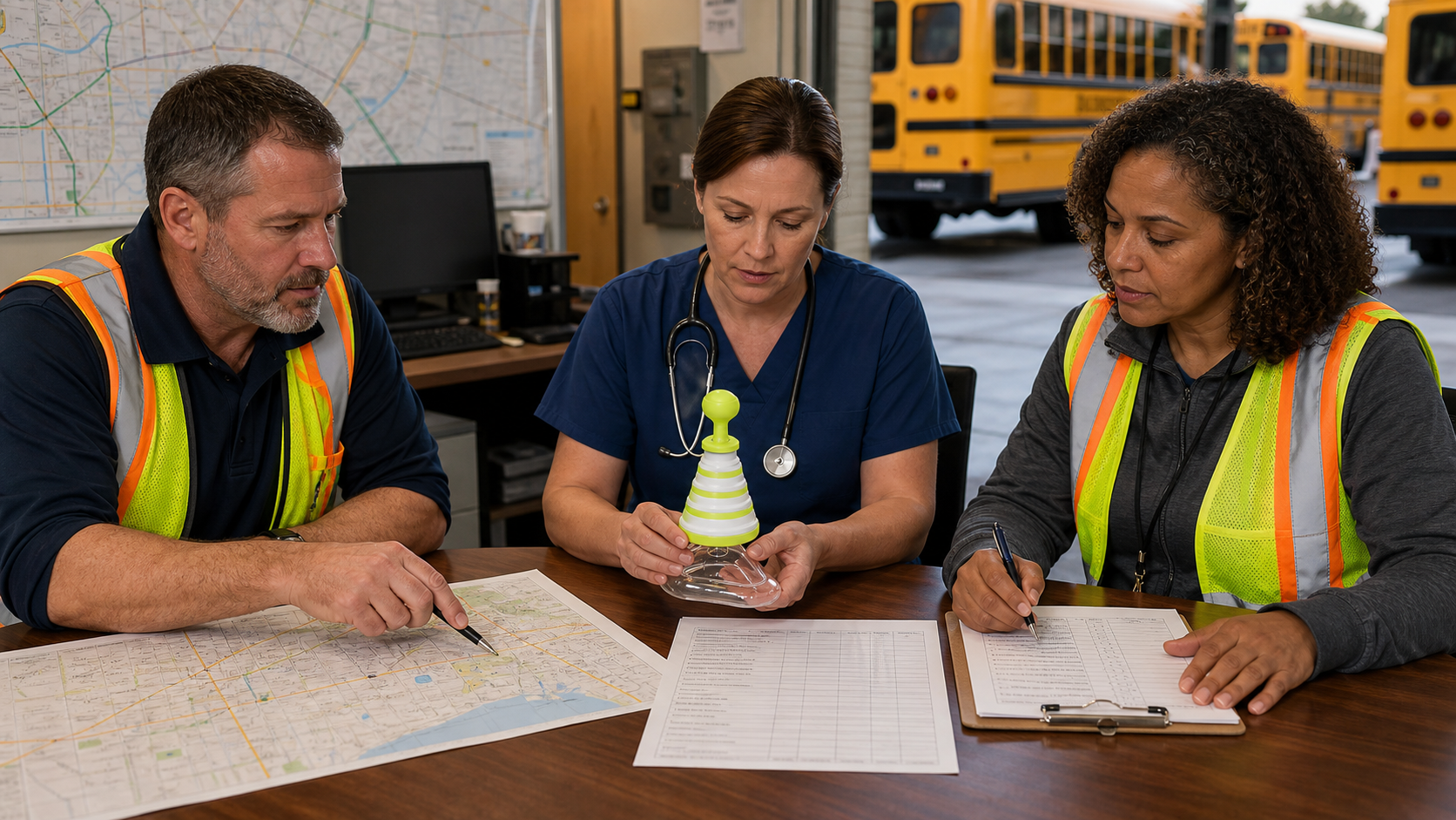 Transportation staff reviewing a real FITIGER FoldPumpVac against route, storage, inspection, and transfer plans