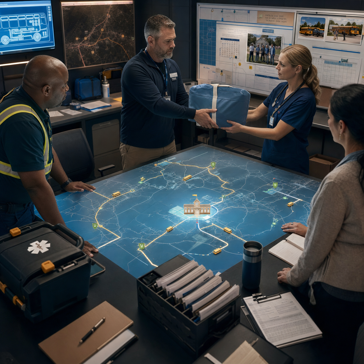School and community representatives connecting donation approval to route ownership, storage, inspection, and replacement planning