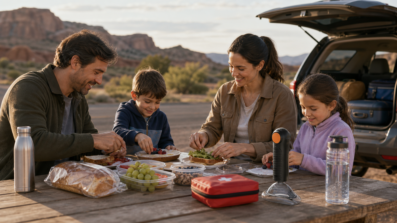 Cinematic 3D family travel scene with the real Fitiger EasyPumpVac kit staged for rapid access