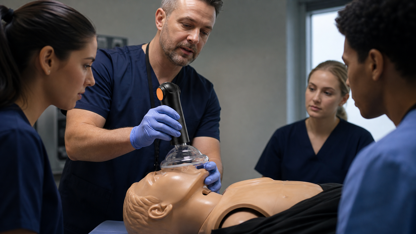 Cinematic 3D training scene demonstrating mask selection and operation of the real Fitiger EasyPumpVac on a manikin