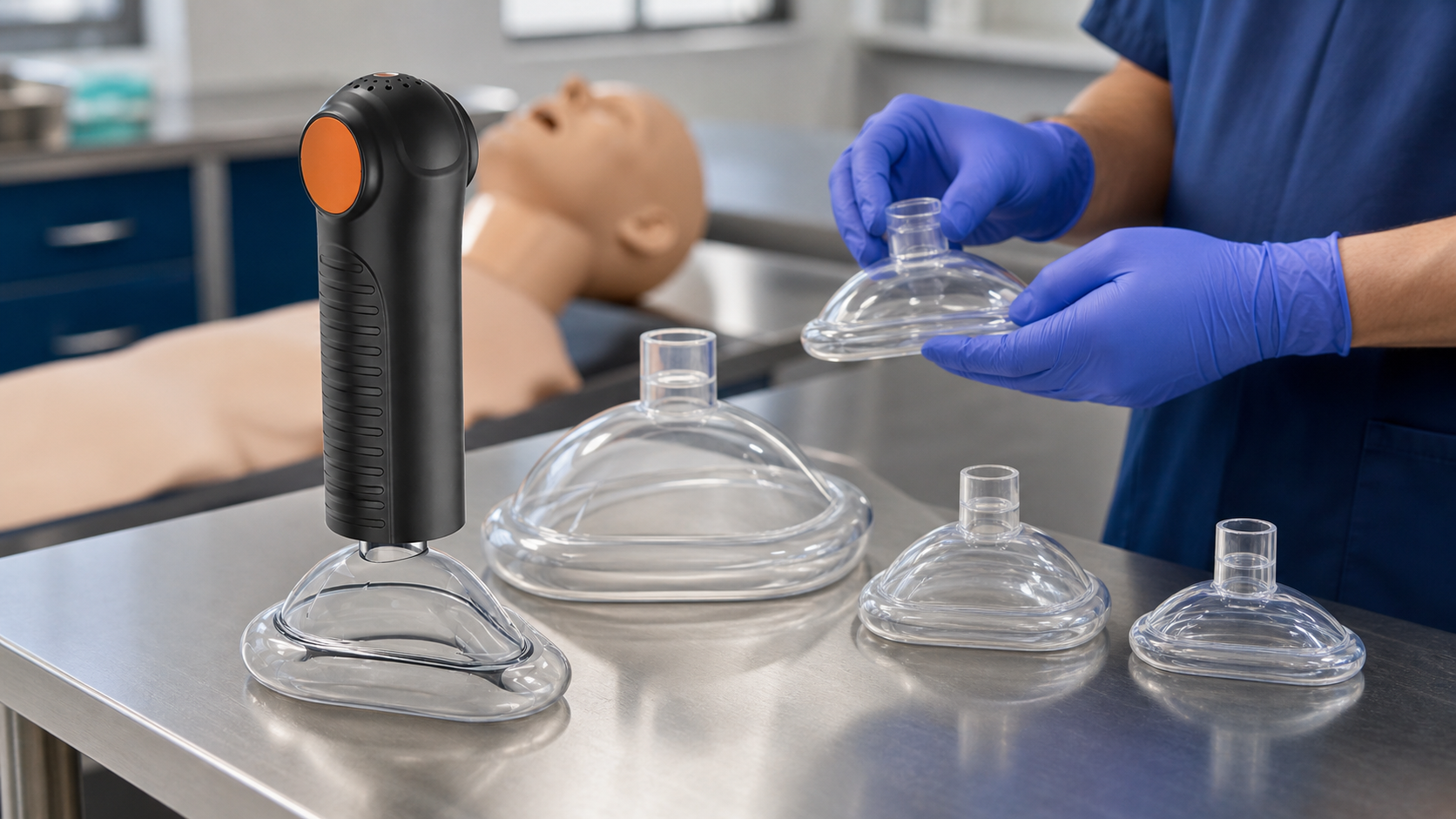 Cinematic 3D clinical scene showing the real Fitiger EasyPumpVac with multiple mask sizes