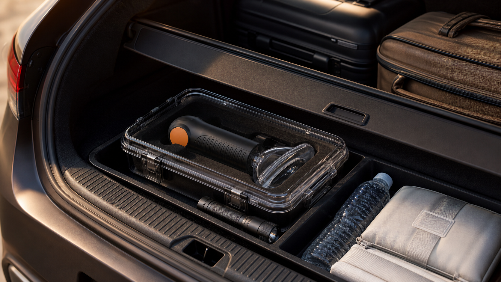 Cinematic 3D vehicle readiness scene showing the real Fitiger EasyPumpVac stored in a durable accessible travel case