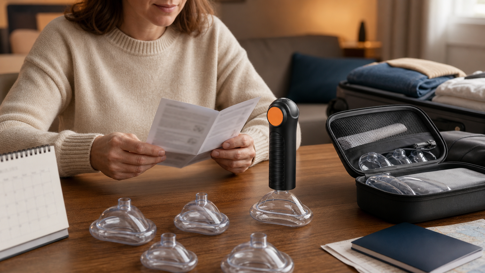 Cinematic 3D preparedness scene showing a caregiver reviewing instructions beside the real Fitiger EasyPumpVac kit