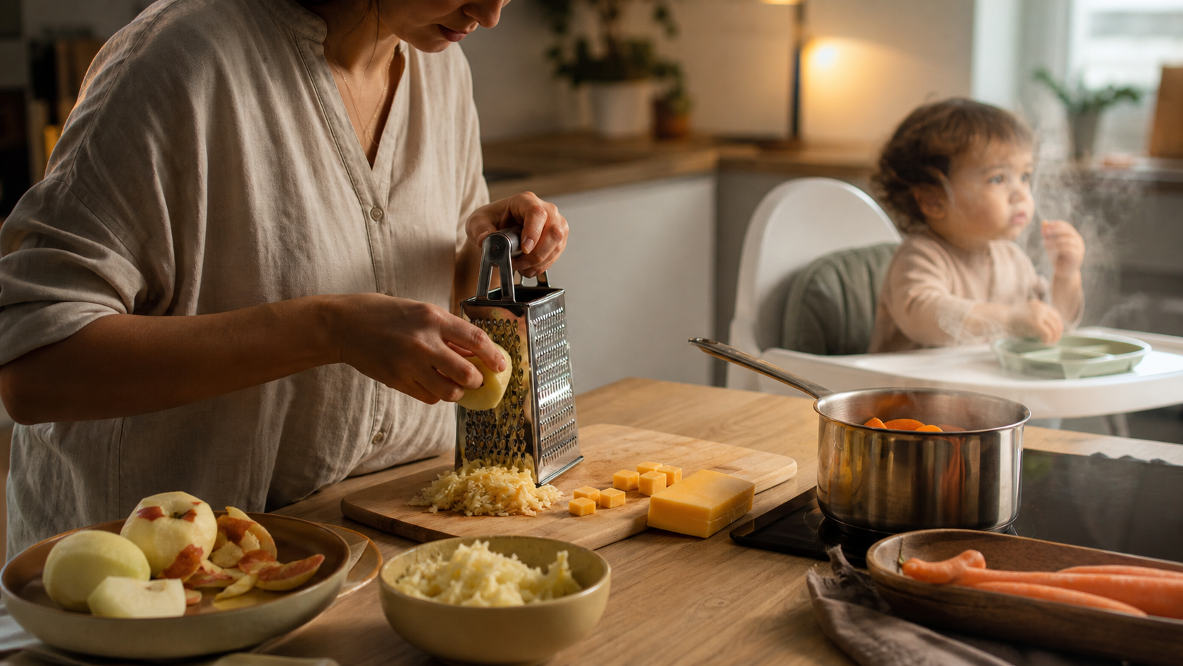 Cinematic 3D kitchen scene showing a caregiver preparing apples carrots and cheese into toddler appropriate portions