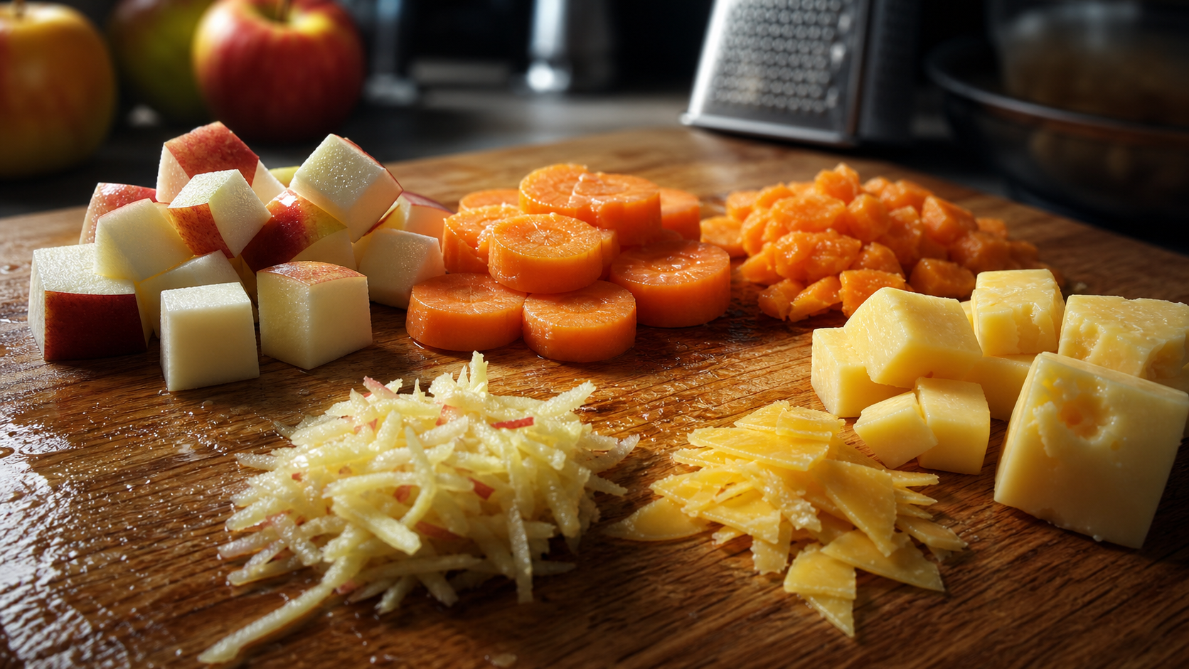 Cinematic 3D food mechanics scene comparing hard apple carrot and cheese pieces with softer toddler preparations