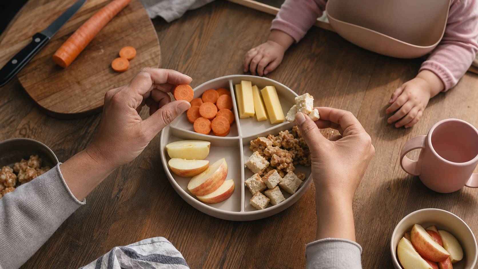 Cinematic 3D overhead snack plate scene showing a caregiver checking food shape texture and bite size