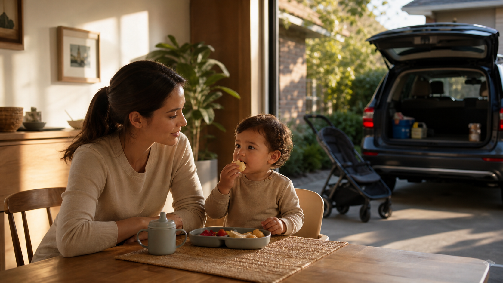 Cinematic 3D scene contrasting supervised seated toddler eating with avoided stroller and vehicle snacking