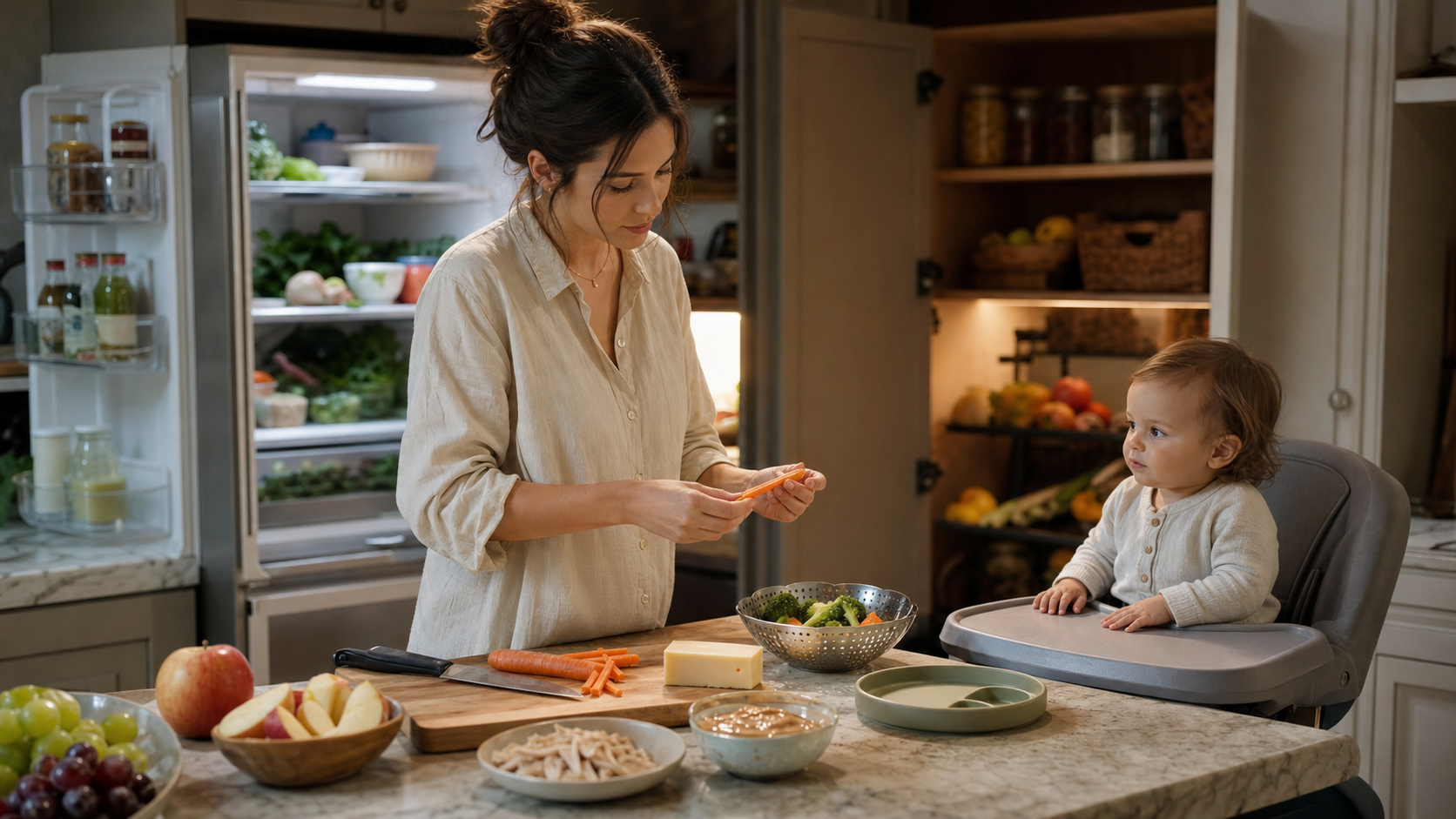 Cinematic 3D kitchen scene showing a caregiver auditing everyday toddler foods for safer texture shape and supervision