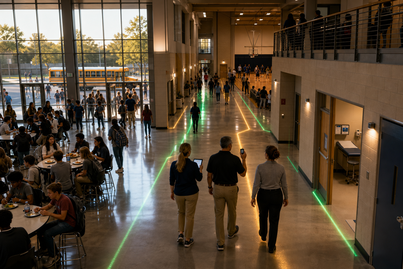 School staff tracing real daytime and after-hours movement between the cafeteria, gym, bus loop, detached classrooms, and health office before choosing emergency-equipment locations