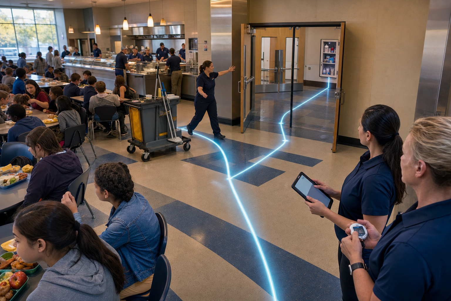Cafeteria staff timing an emergency-cabinet route from the farthest occupied table around serving lines, students, furniture, doors, and access controls