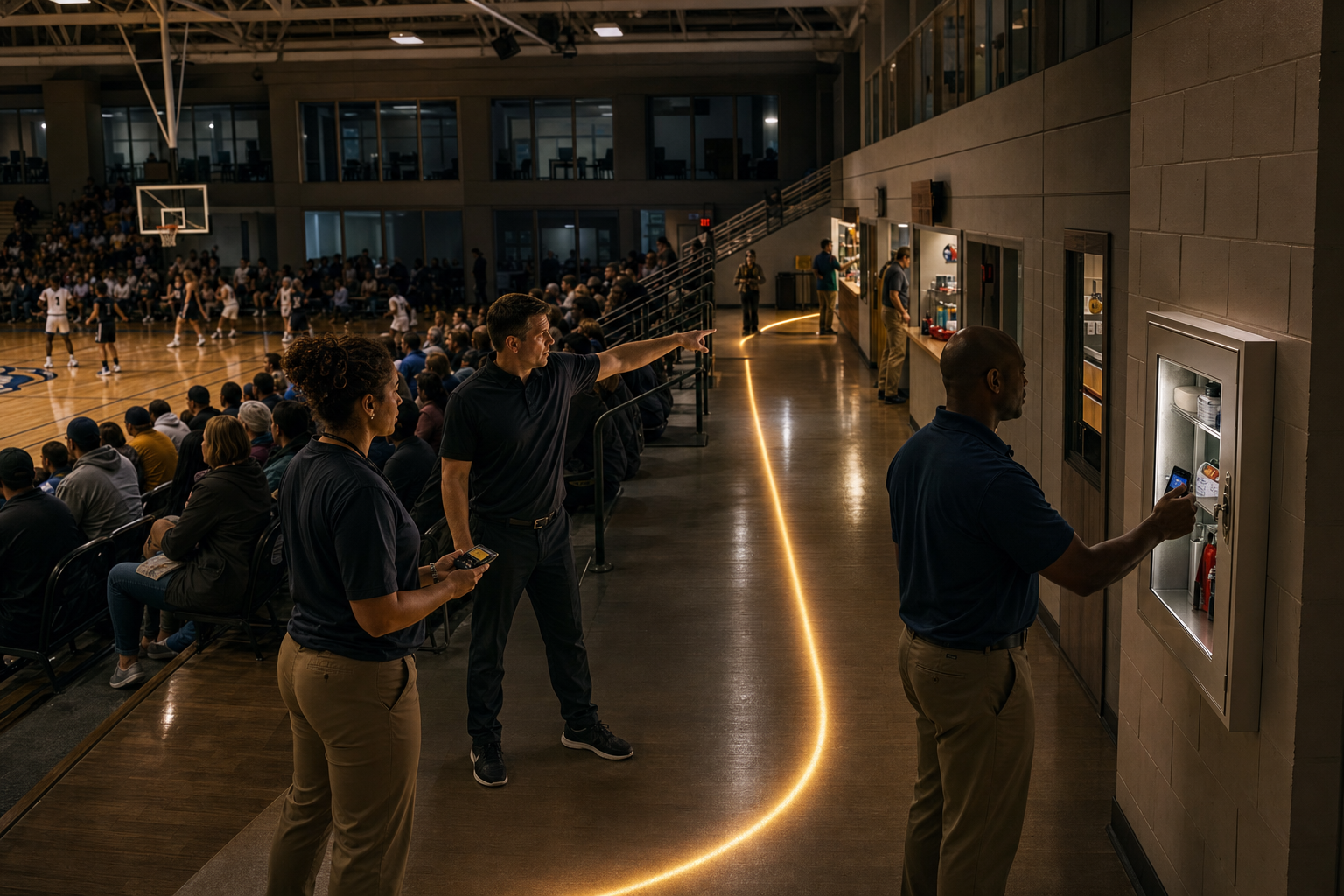 Coach and event staff checking after-hours emergency-equipment access between gym bleachers, the concession area, athletic office, and a secured cabinet