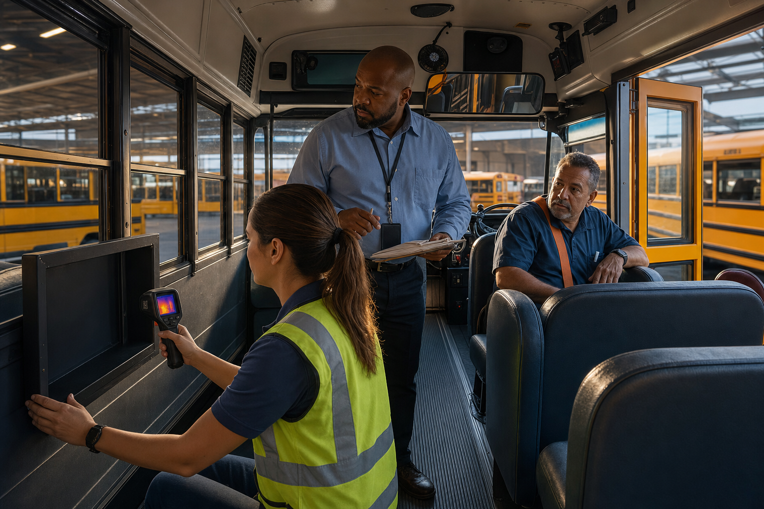 Transportation team reviewing secured school-bus equipment storage, driver and attendant access, clear exits, temperature exposure, dispatch, reassignment, and inspection responsibility