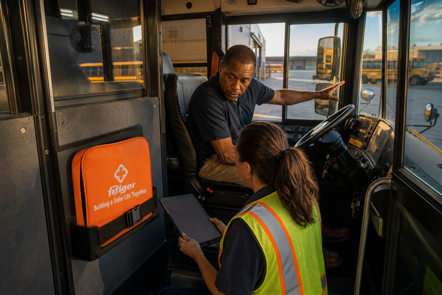 Real orange FITIGER emergency bag secured in a documented school-bus location with clear exits, protected controls, environmental protection, and assigned inspection ownership