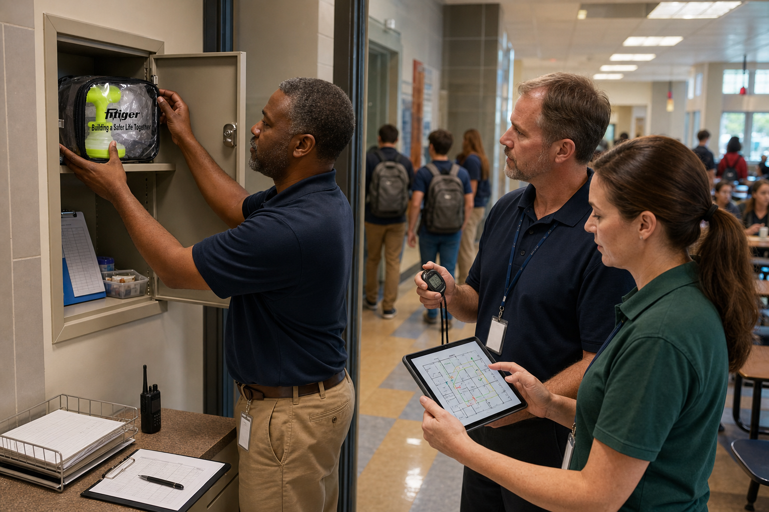 Real FITIGER FoldPumpVac package in an approved school deployment with a staged location, primary and backup owners, inspection log, program coverage, and route-test record