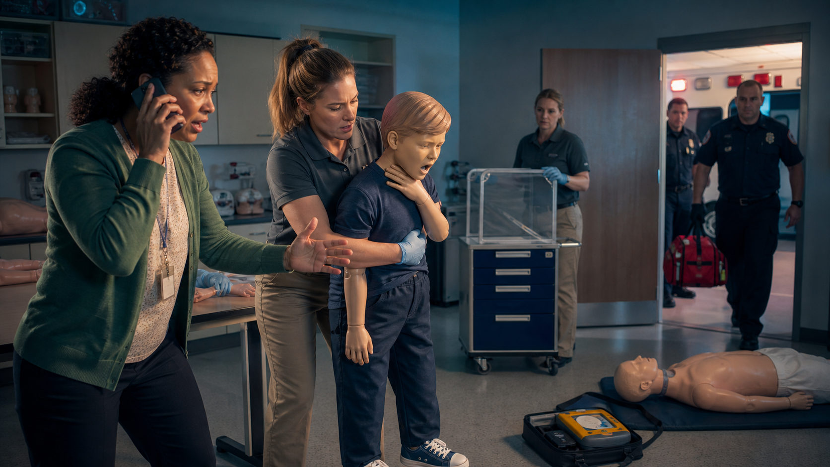 School response team following recognition 911 delegation age-correct manual first-line choking care a documented second-line boundary CPR escalation and EMS handoff