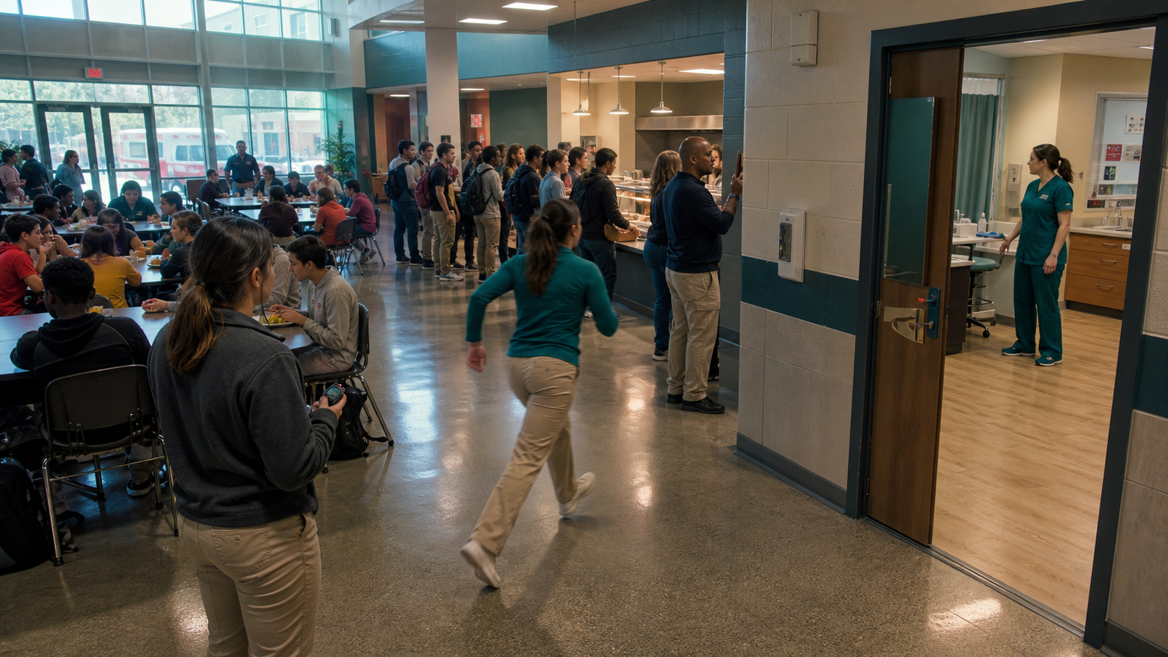 School staff testing the route from the farthest cafeteria table through crowds doors turns and the nurse-office path to a reachable response station and EMS entrance