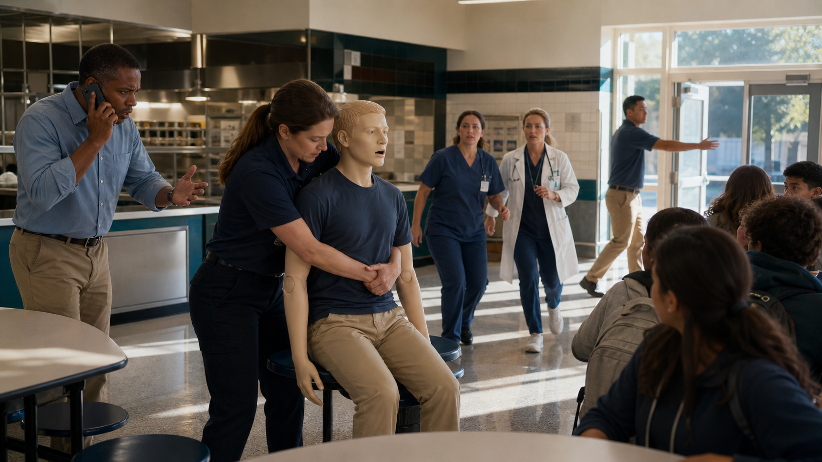 Cafeteria drill assigning a rescuer 911 caller nurse runner EMS entrance guide and student crowd manager during the first minute of a choking response
