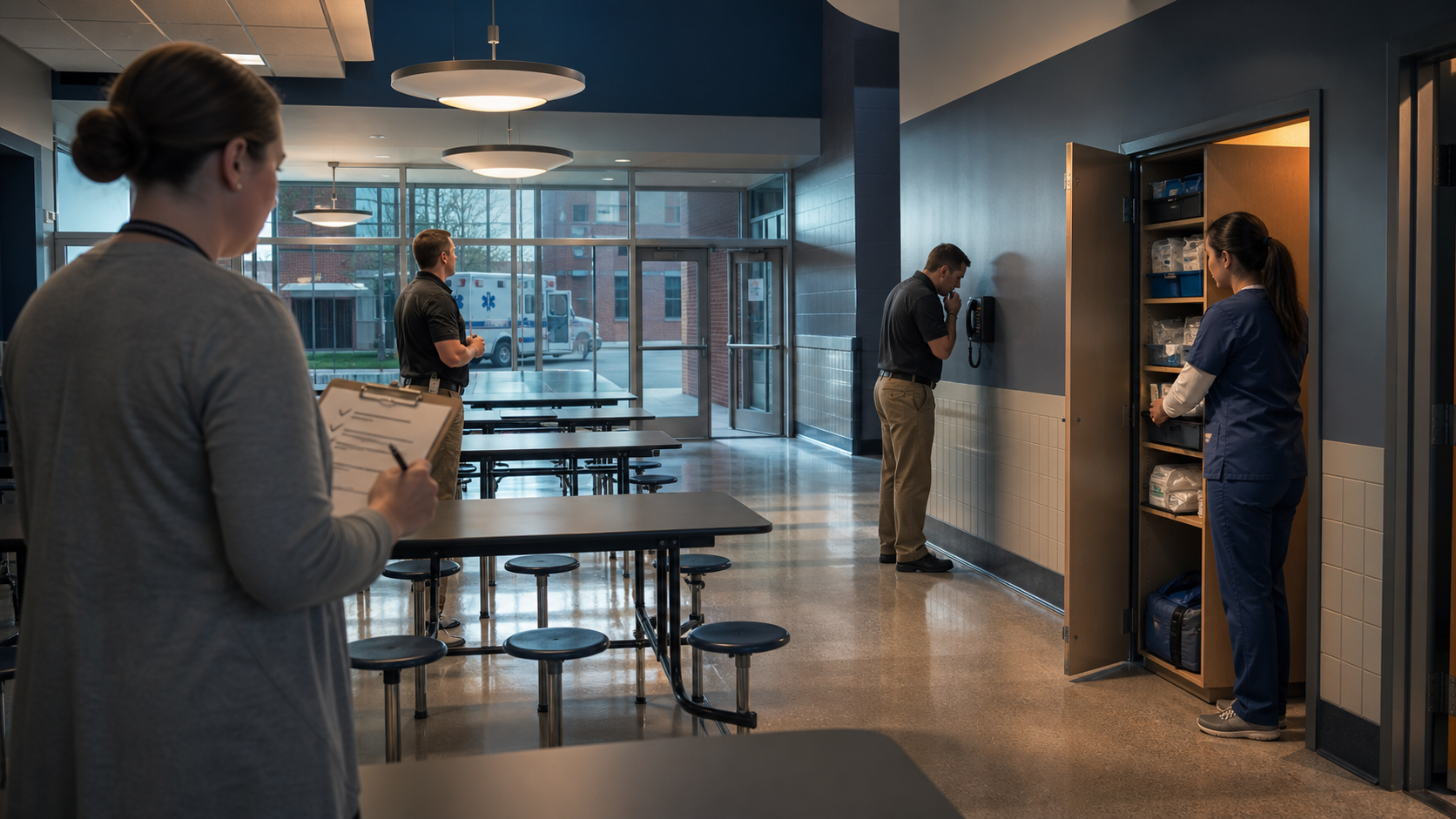 School staff completing a before-lunch walkthrough from the quietest table to the nearest trained adult phone nurse route EMS entrance response station and unlocked access