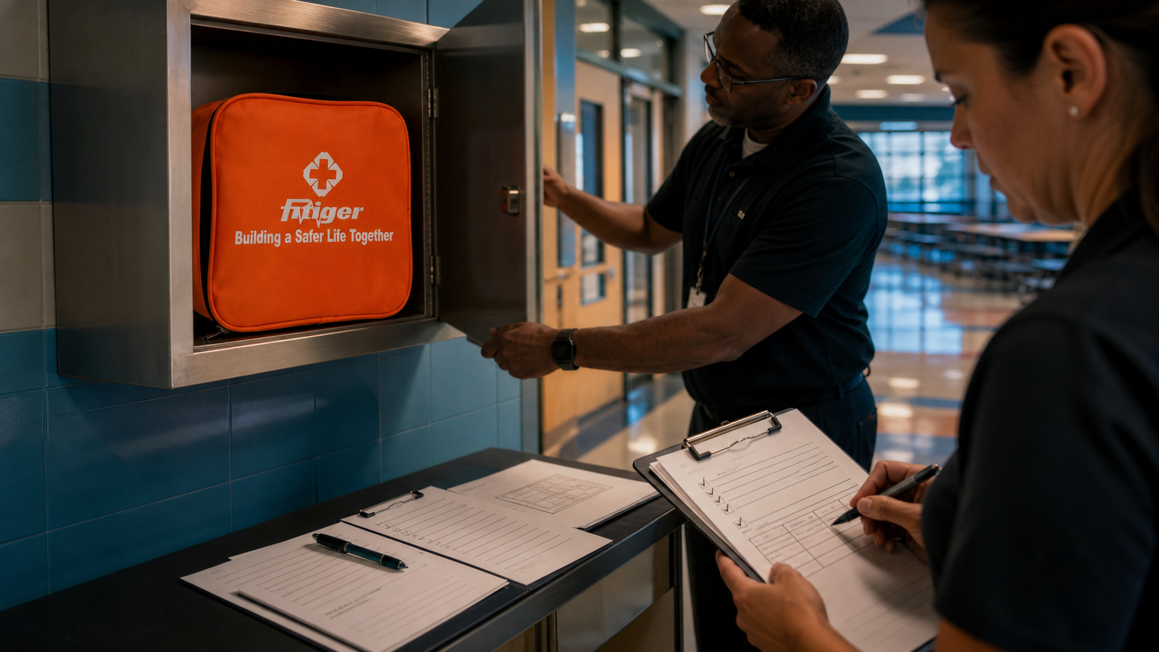 Real orange FITIGER emergency bag at a documented school readiness station with trained access a placement map replacement schedule post-incident process and assigned owner