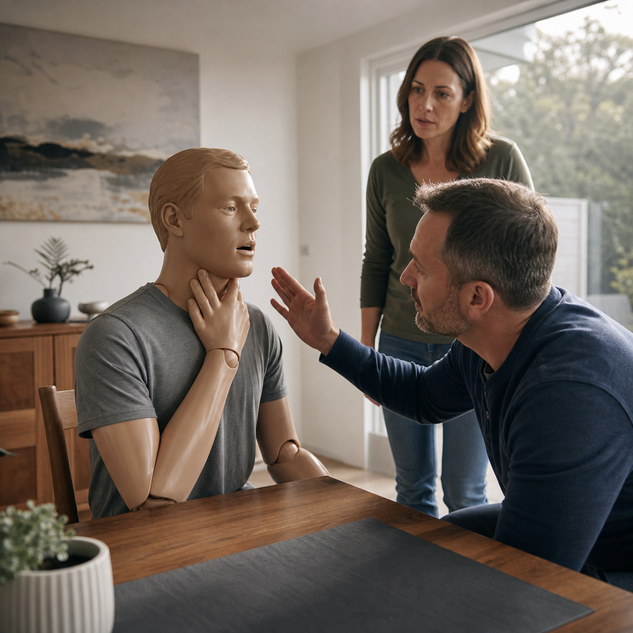 Cinematic 3D home training drill showing a family assessing whether a choking person can cough speak or breathe