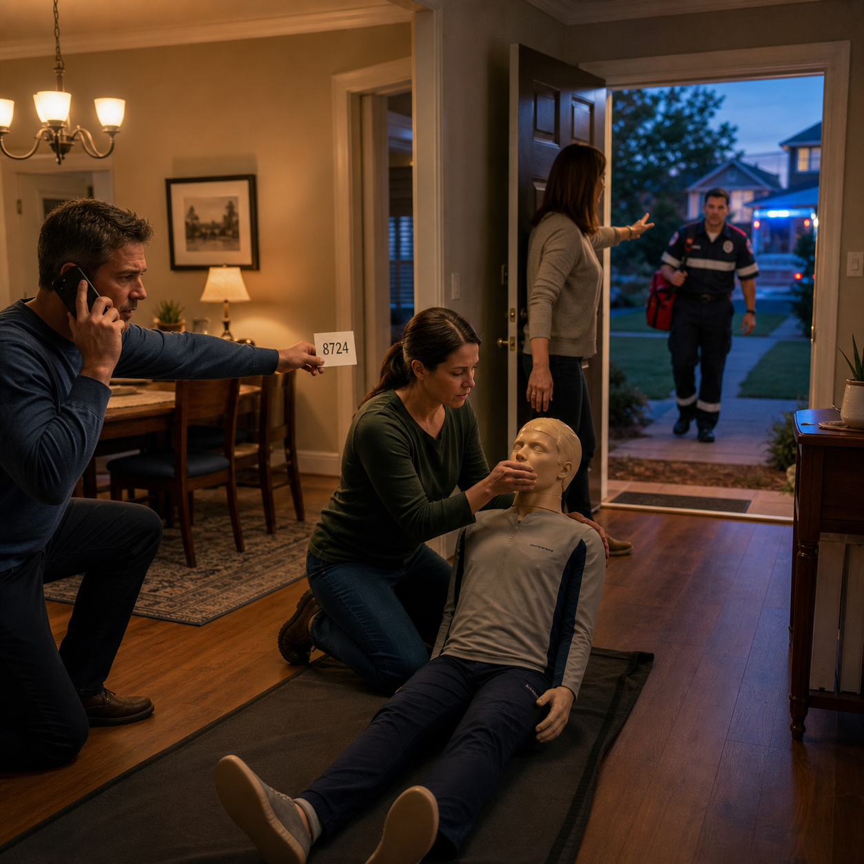 Cinematic 3D home drill showing a rescuer 911 caller address card and clear route for an arriving paramedic