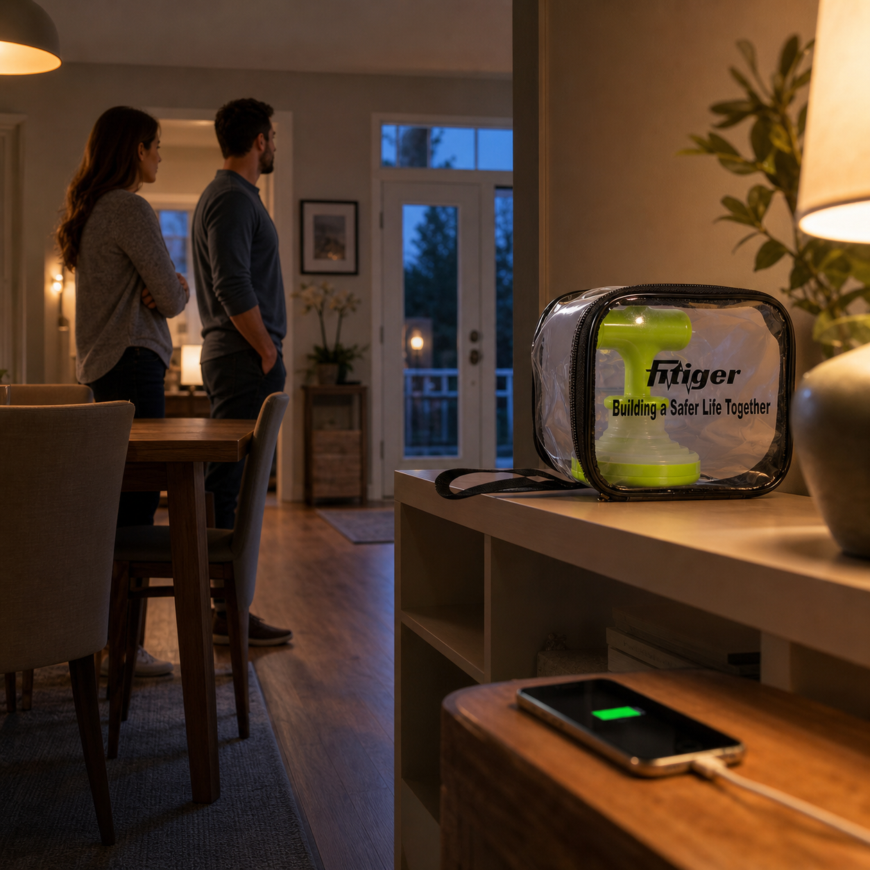Cinematic 3D home readiness scene with the real FITIGER FoldPumpVac package stored near the dining area and a clear path to the door