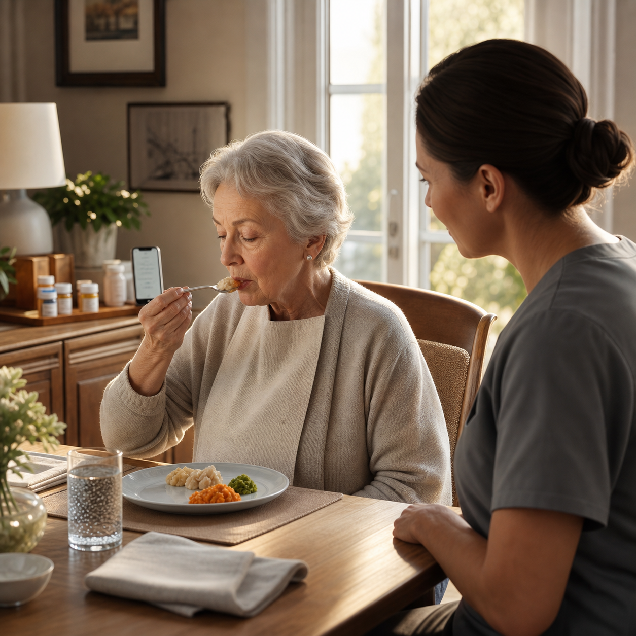 Cinematic 3D older-adult home meal showing safe texture-modified portions and close caregiver observation