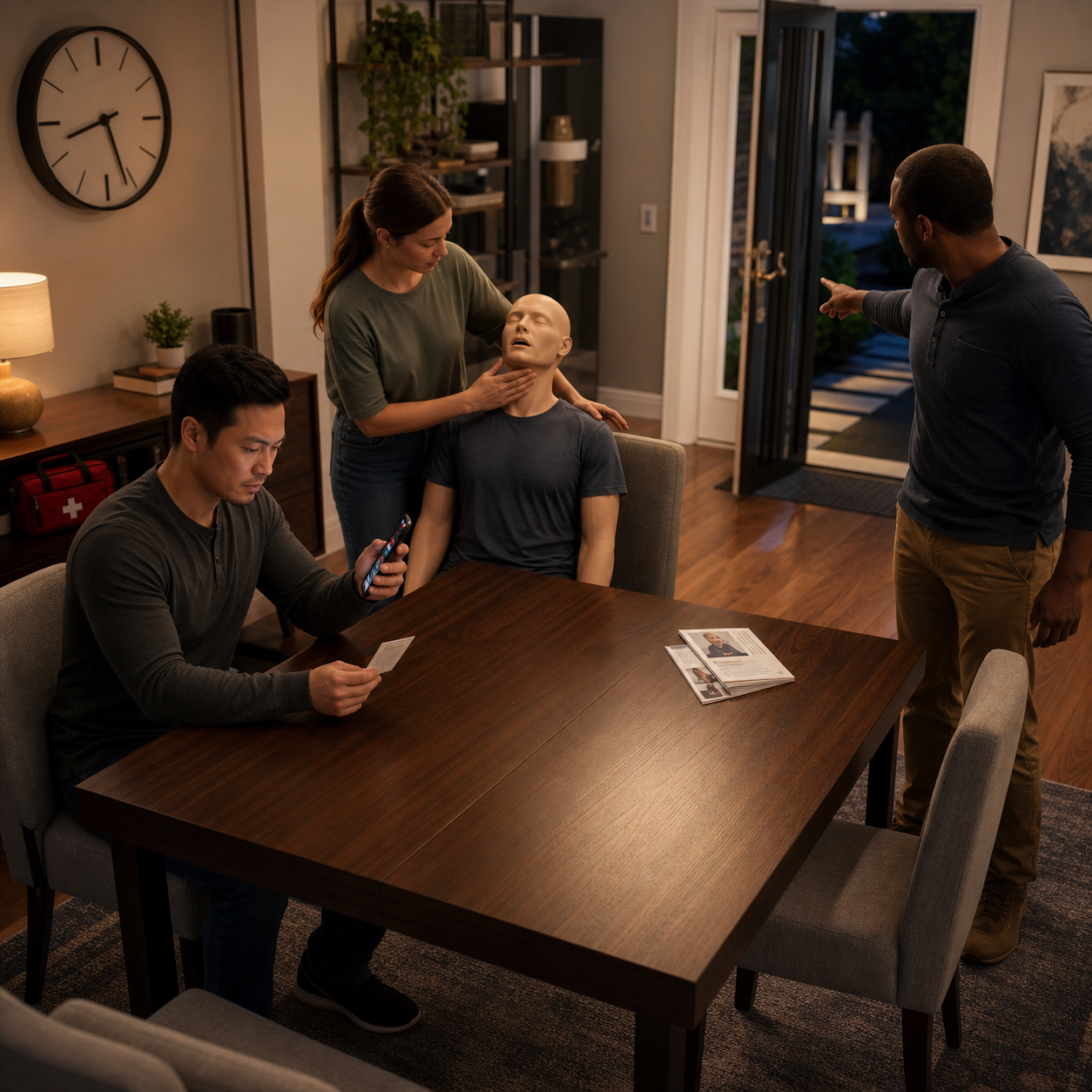 Cinematic 3D premeal family rehearsal showing an assessment role charged phone and clear emergency access route