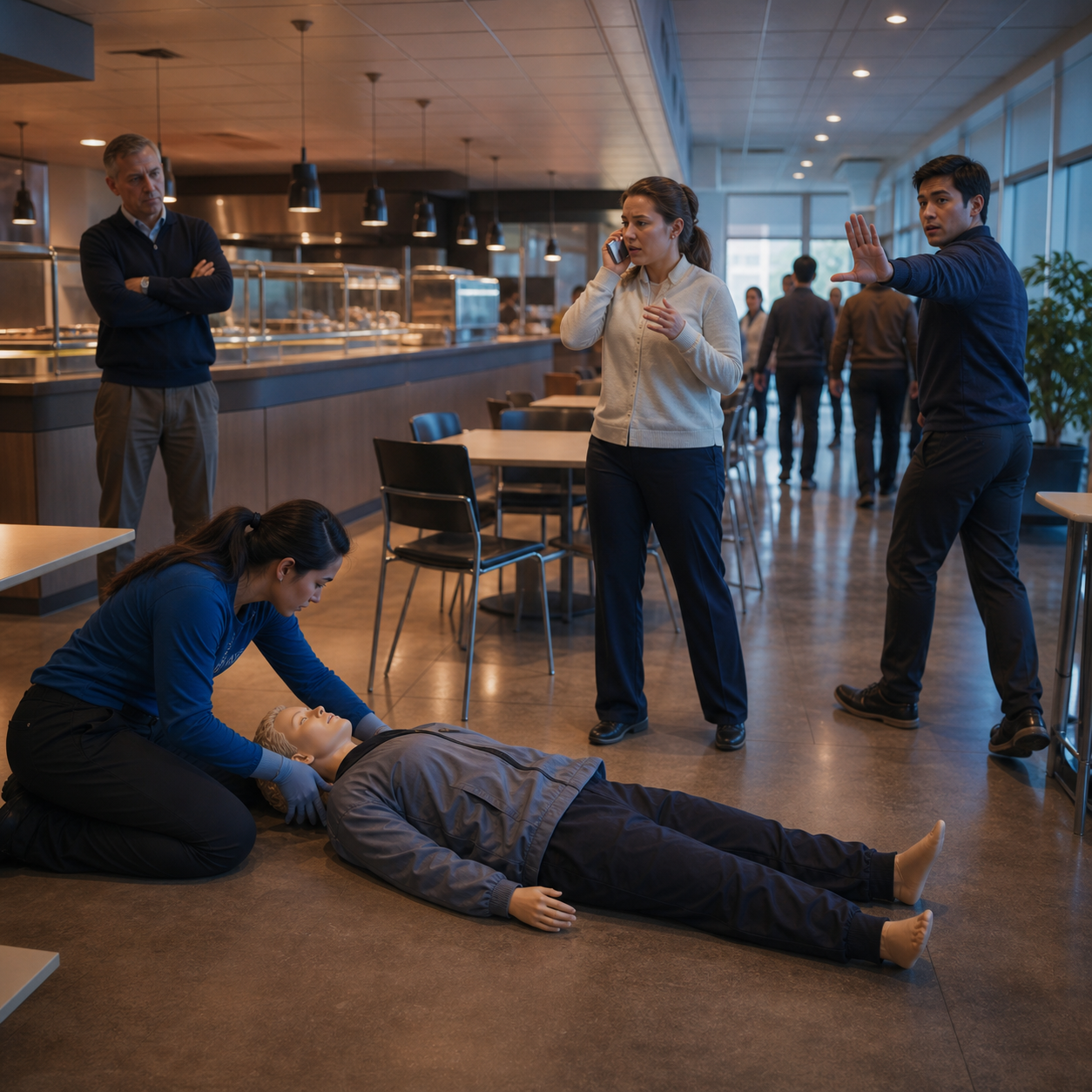Cinematic 3D workplace cafeteria drill showing a helper caller and area-clearance roles around a training mannequin
