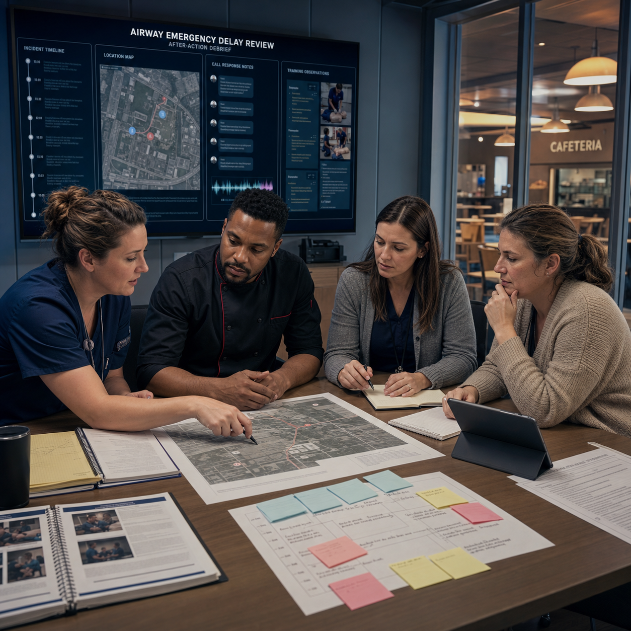 Cinematic 3D after-action review showing caregivers and staff examining an airway emergency timeline and response delays