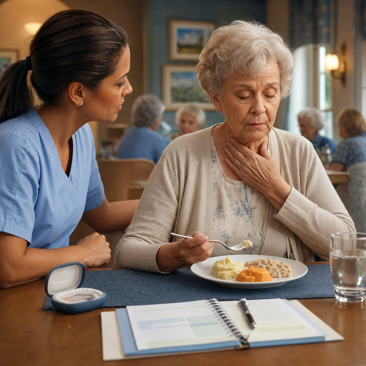 Cinematic 3D elder-care mealtime showing a caregiver observing swallowing fatigue and texture-modified food
