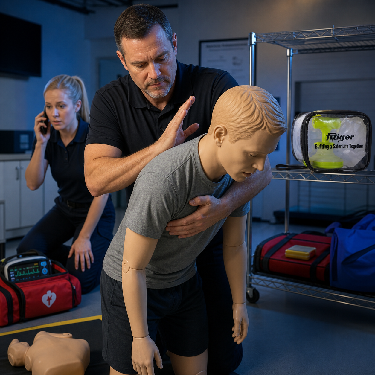 Cinematic 3D first-aid training showing back-blow preparation before the real FITIGER FoldPumpVac package is considered as backup