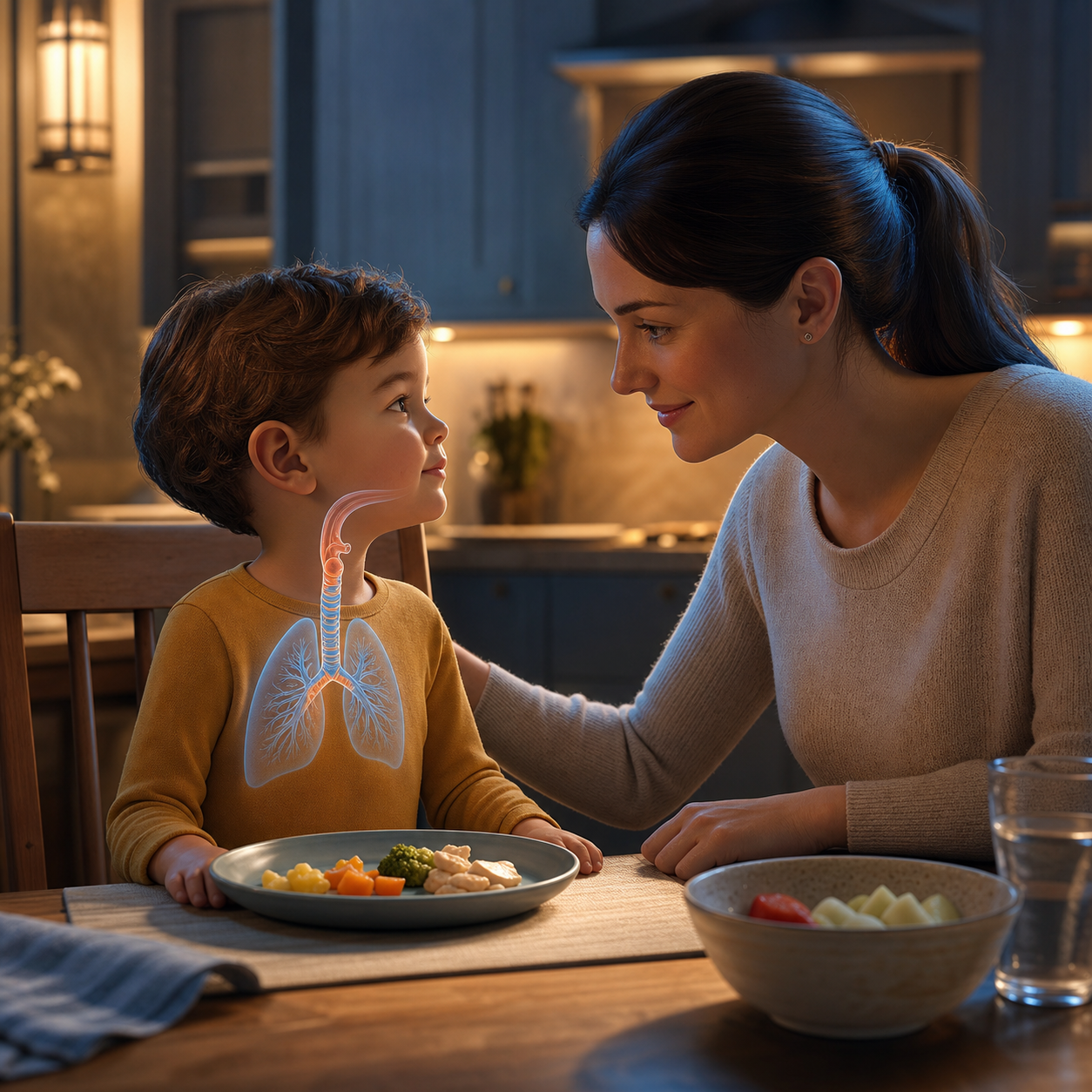 Cinematic 3D family mealtime showing a child seated upright with age-appropriate food and close adult supervision