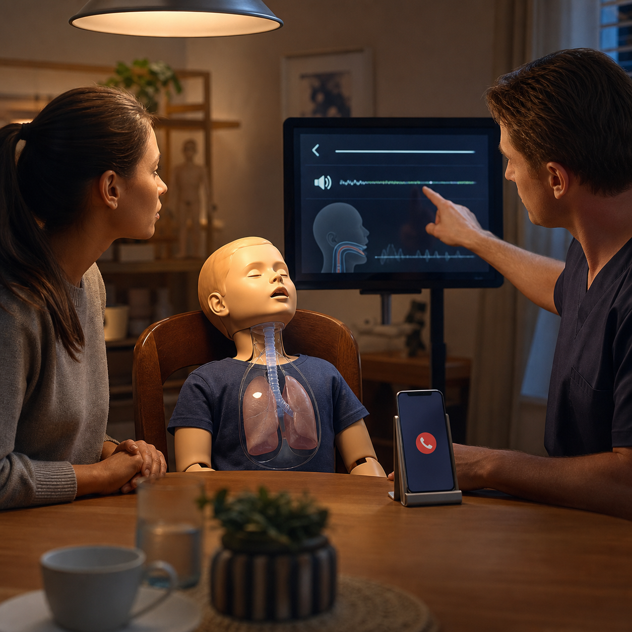 Cinematic 3D pediatric training simulation teaching caregivers to recognize quiet choking warning signs and call for help
