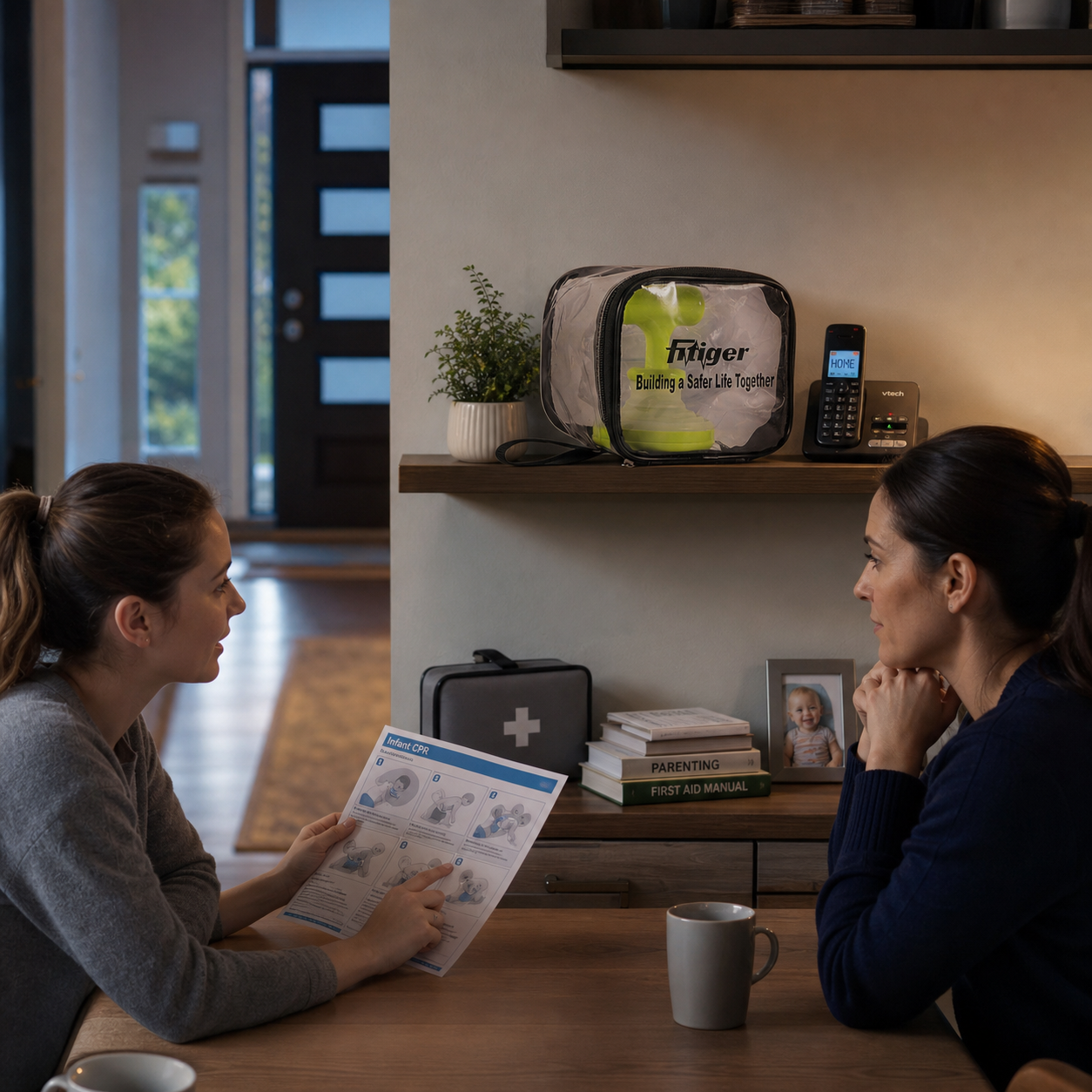Cinematic 3D home readiness scene with the real FITIGER FoldPumpVac package stored near the dining area after first-line planning