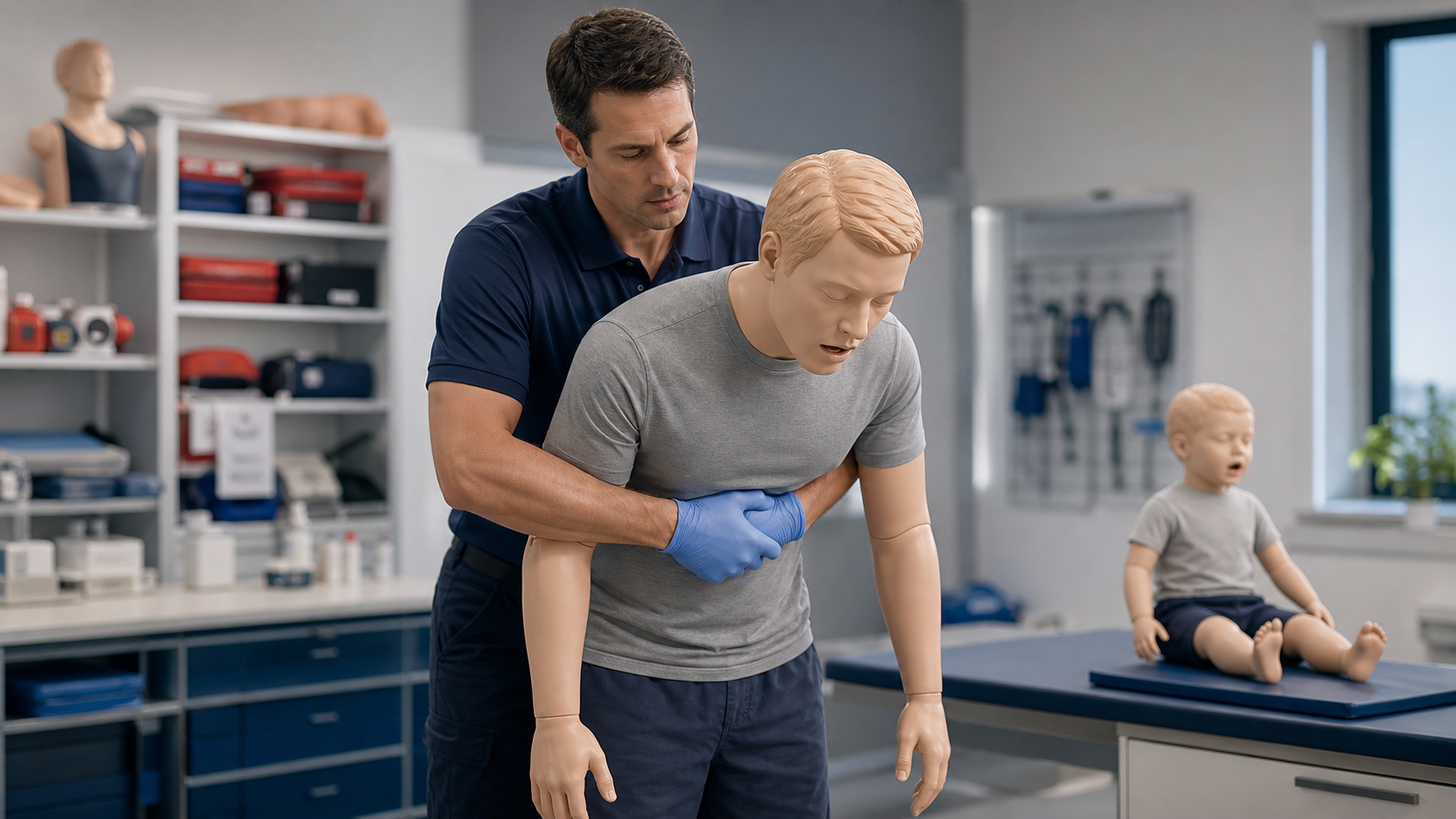 Cinematic 3D first-aid training for adult choking response with child manikin context