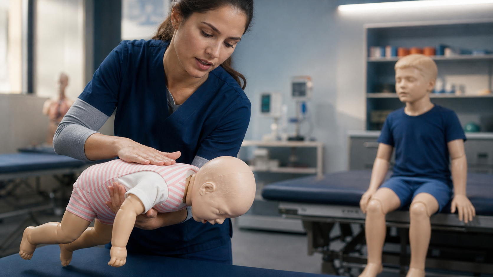 Cinematic 3D pediatric training showing infant choking-response positioning and child manikin context
