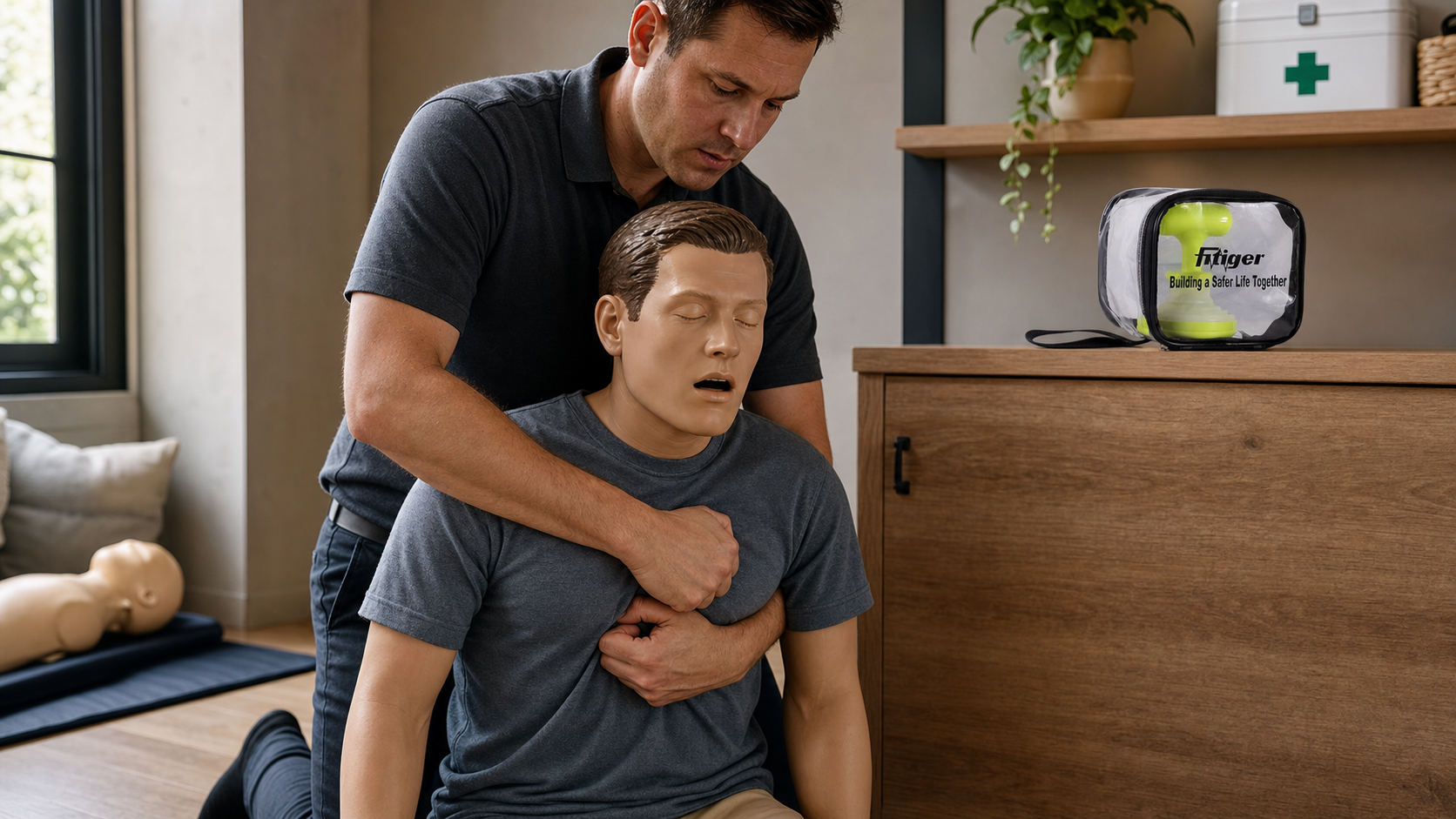 Real FITIGER FoldPumpVac package shown as second-line readiness after standard manual choking rescue