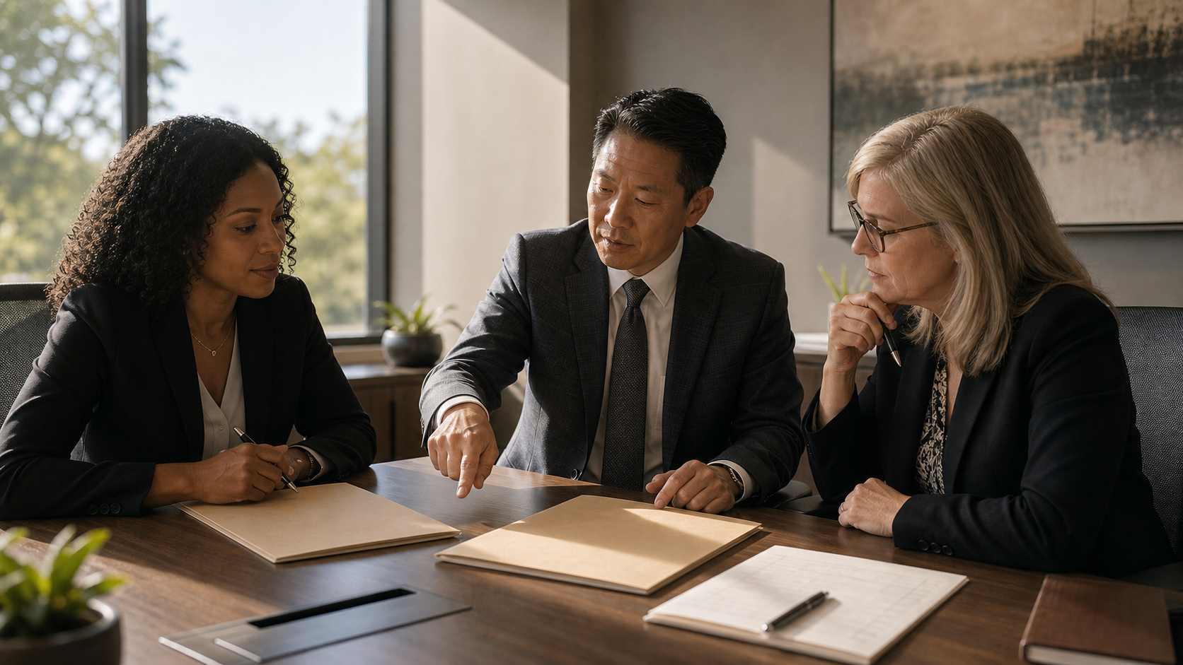School administrators compare neutral proposal folders during a responsible procurement decision review.