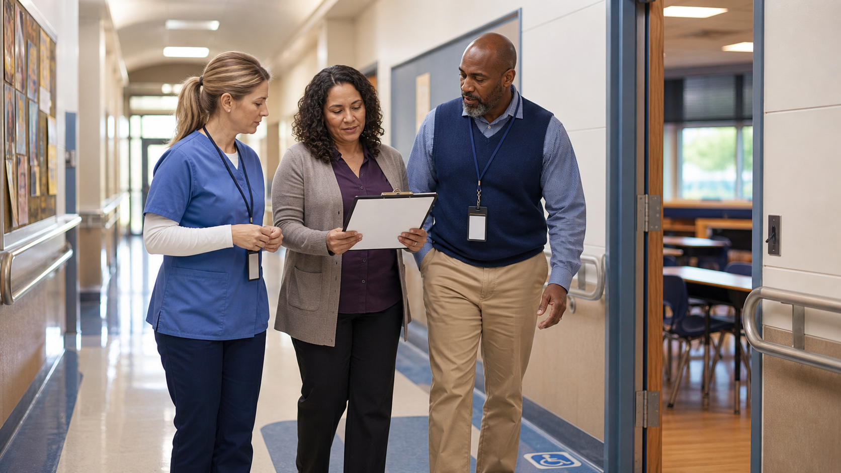 School nurse, special education coordinator, and facilities lead plan accessible emergency readiness in a hallway.