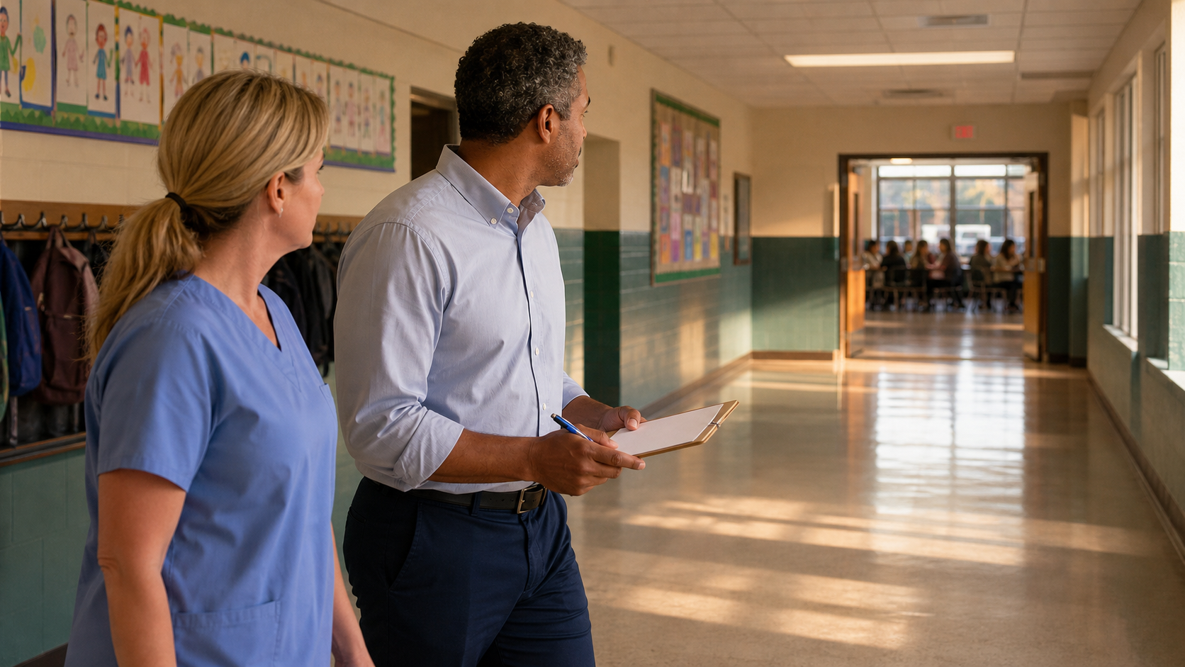 School nurse and safety lead walk a cafeteria-to-office route to assess practical response access and staffing.
