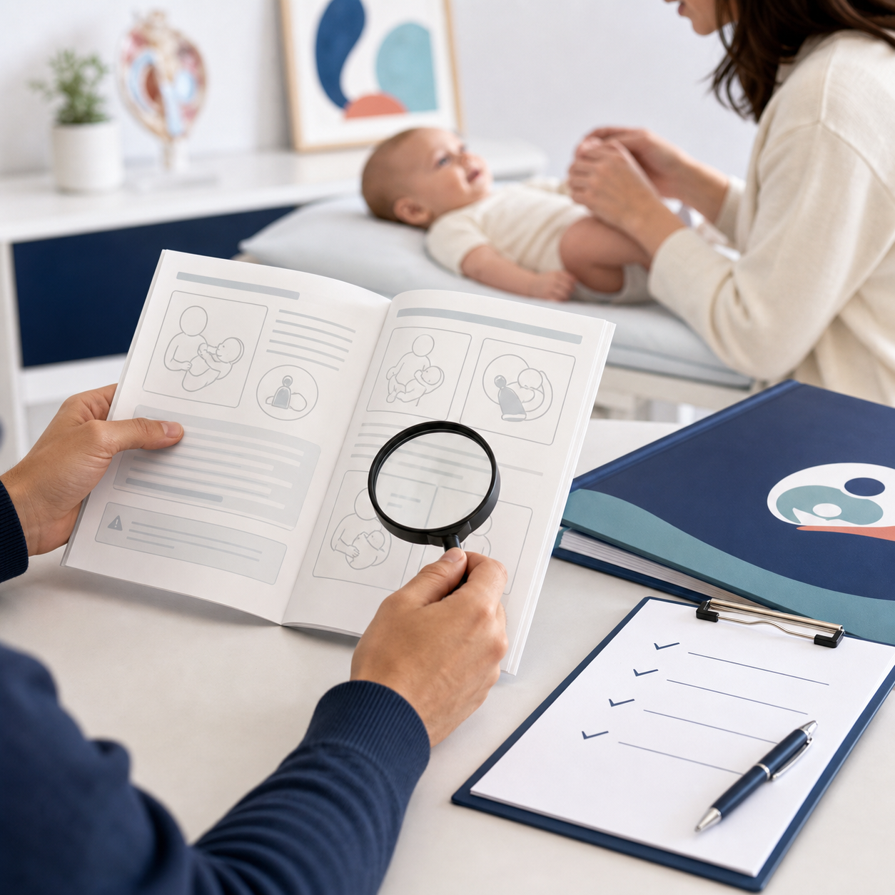 Caregiver reviewing a neutral pediatric instruction booklet and checklist while a baby remains safely with another caregiver